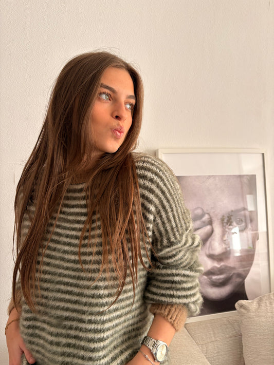 pull Harry à rayures kaki au col beige