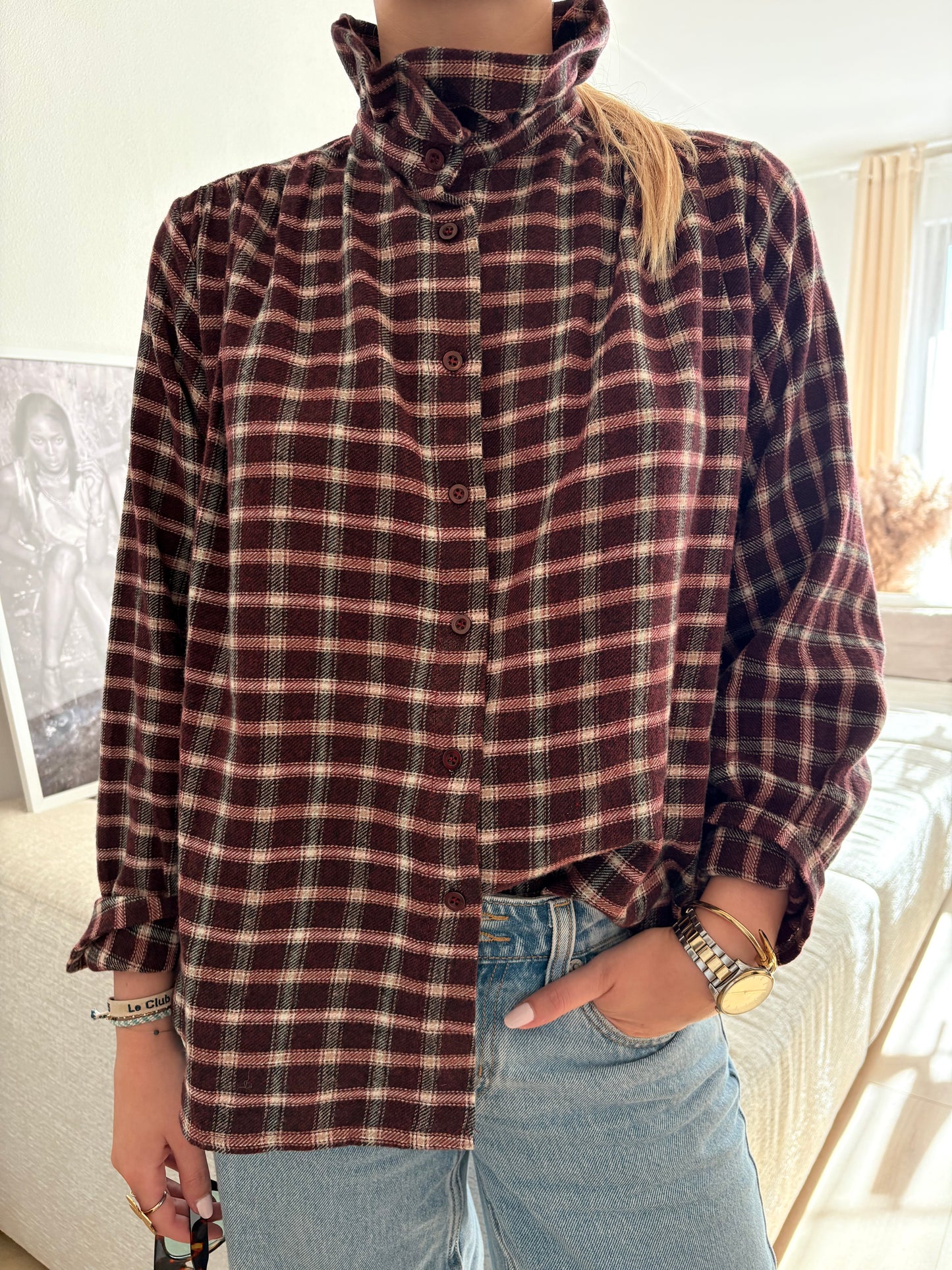 chemise Cloé à carreaux bordeaux col volanté