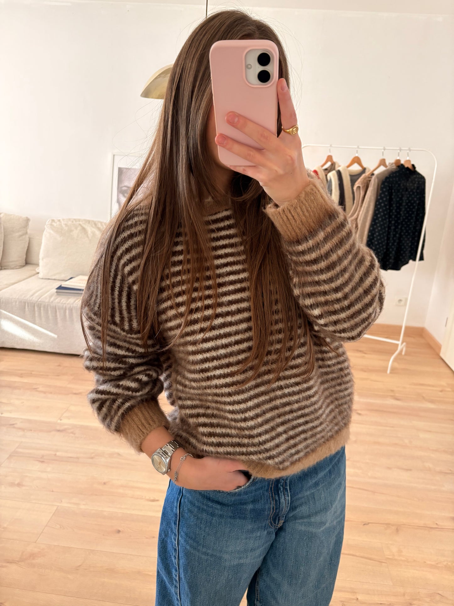 Pull Harry rayé chocolat au col beige