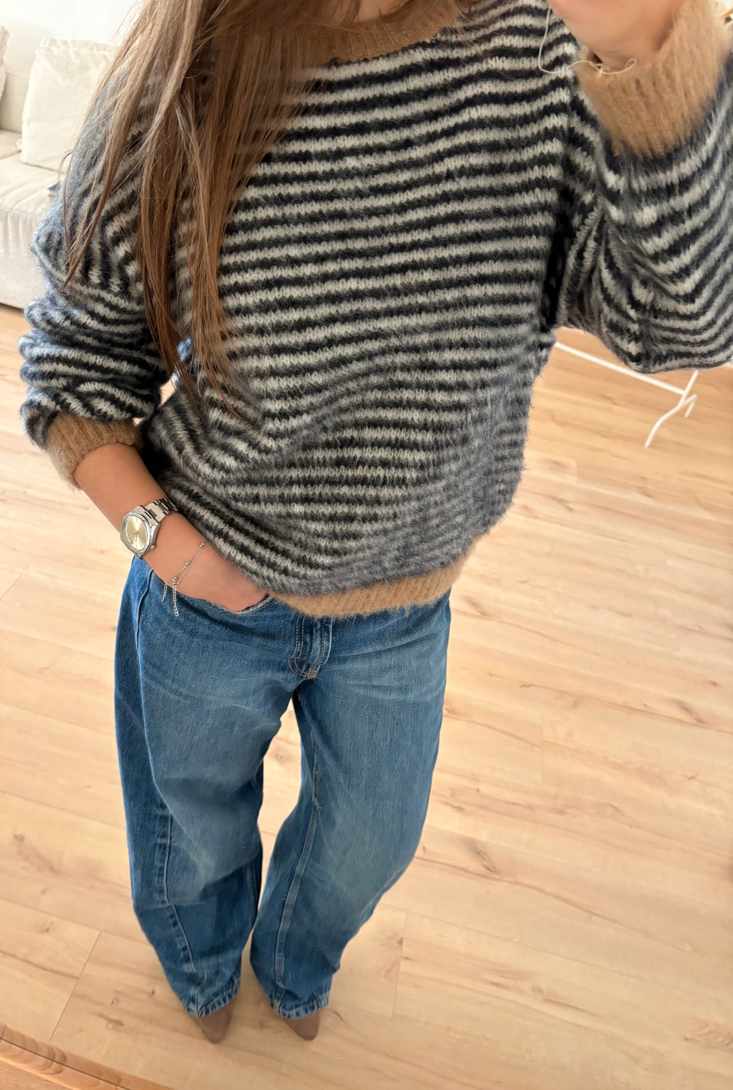 Pull Harry rayé bleu marine col beige