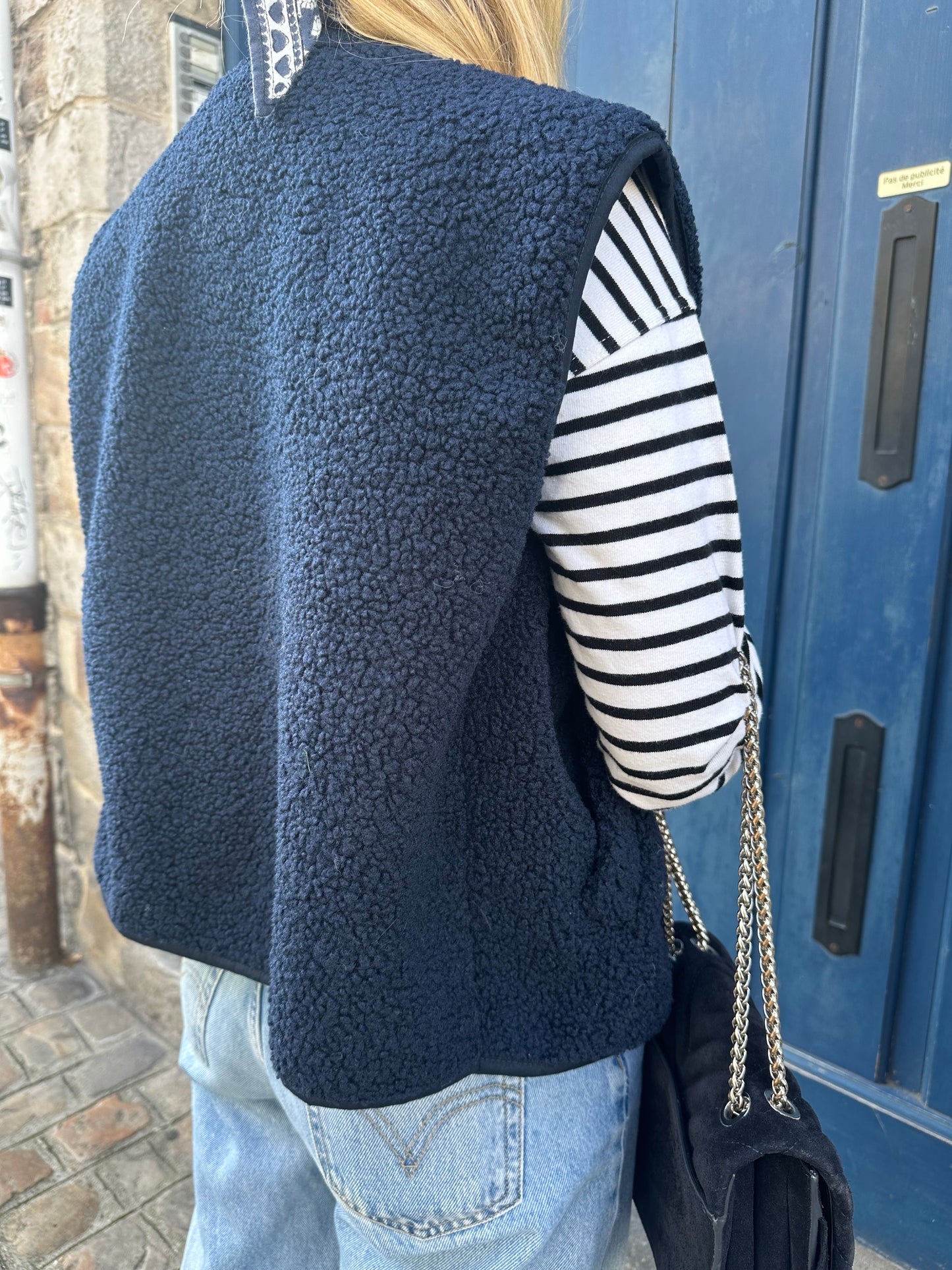 Gilet Gaby moumoute sans manches bleu marine