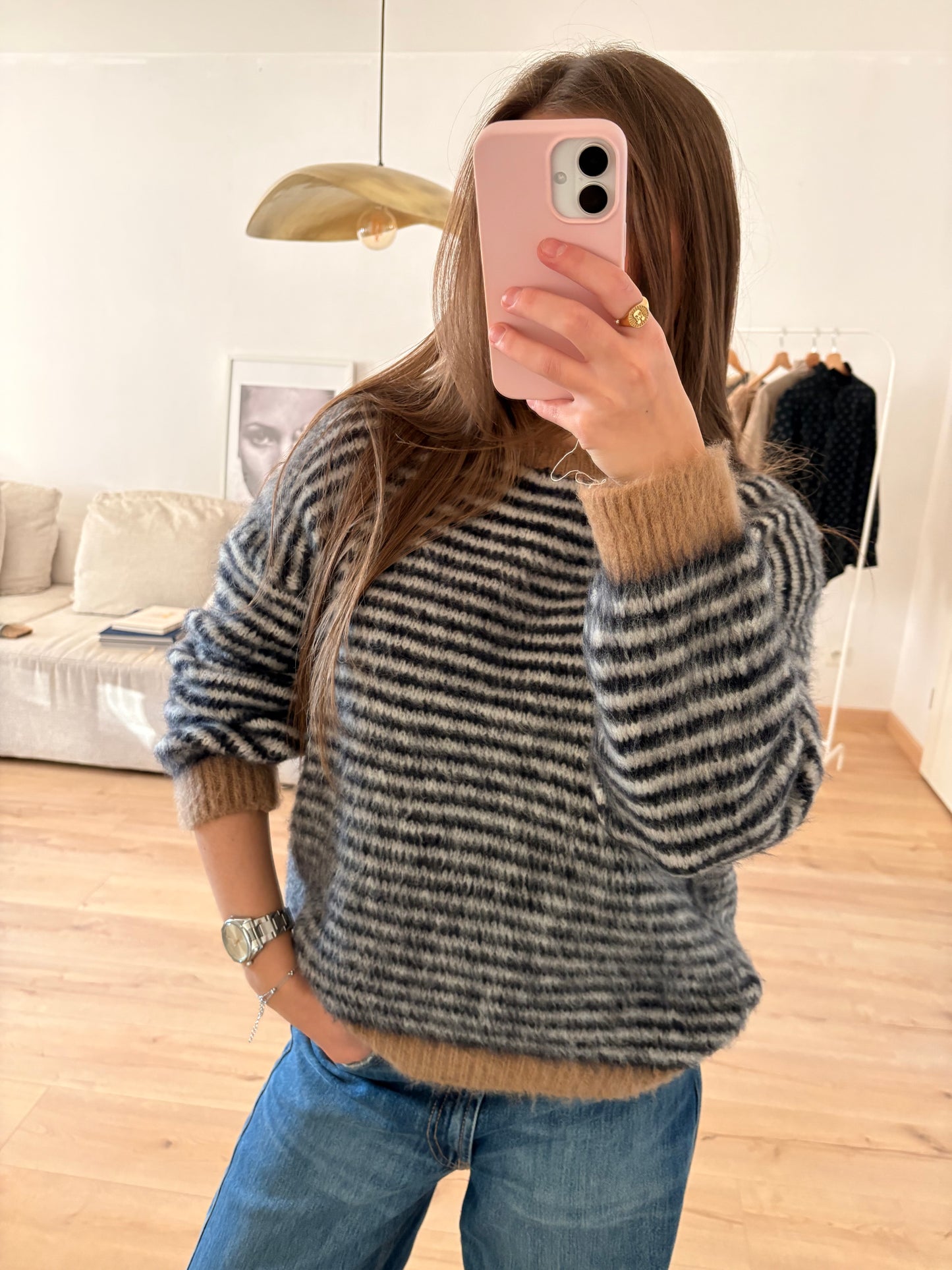 Pull Harry rayé bleu marine col beige