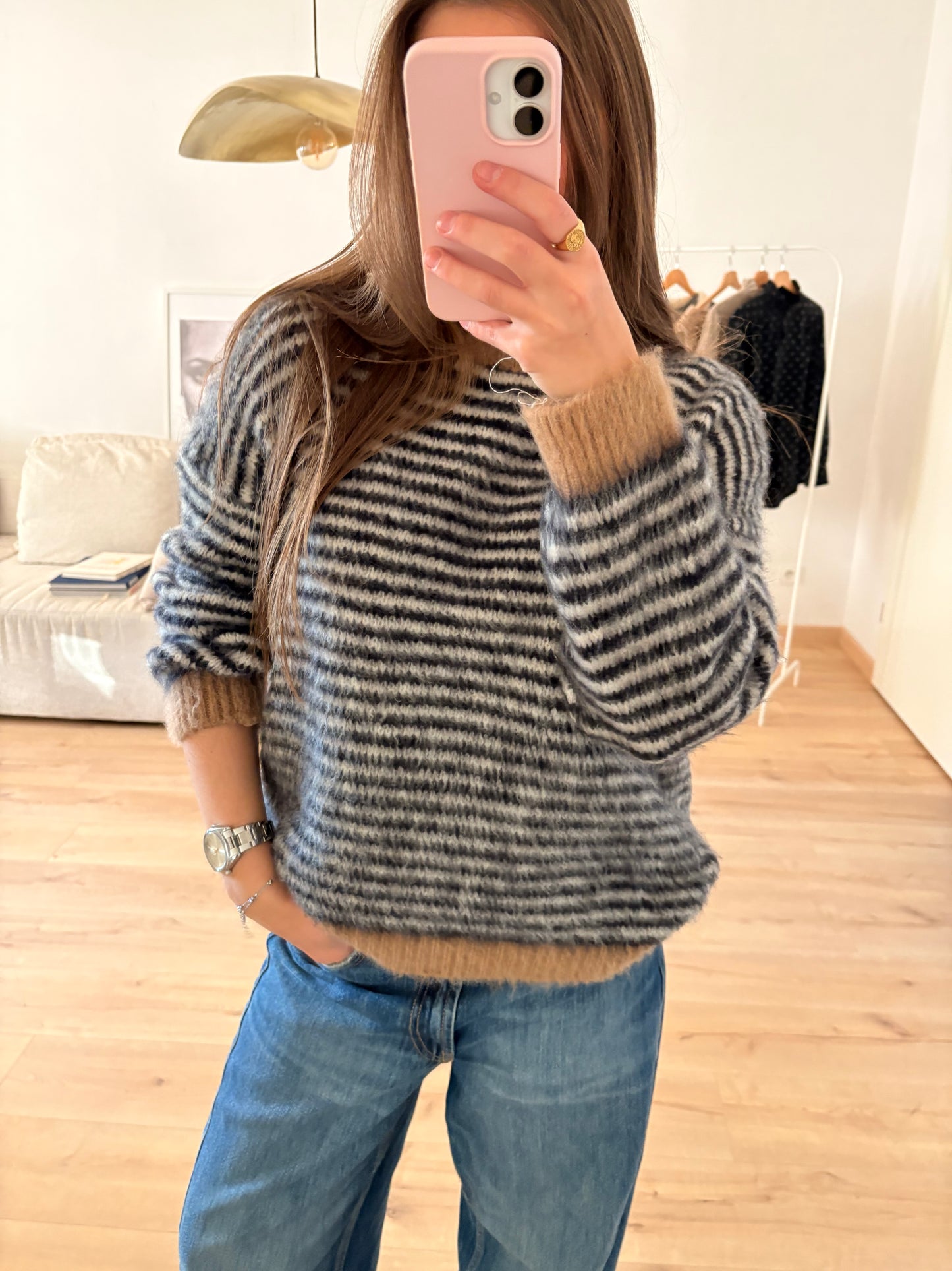 Pull Harry rayé bleu marine col beige