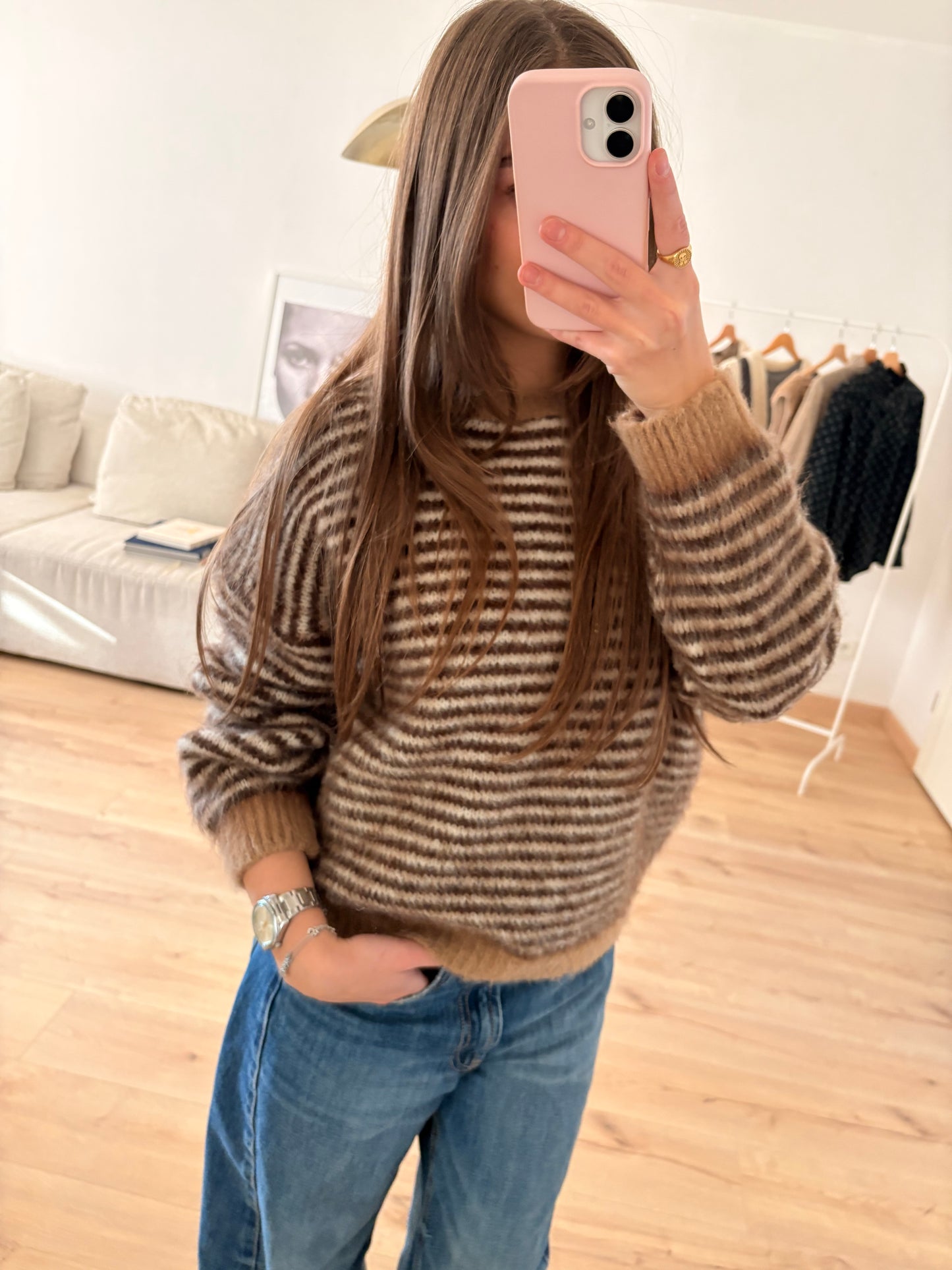 Pull Harry rayé chocolat au col beige